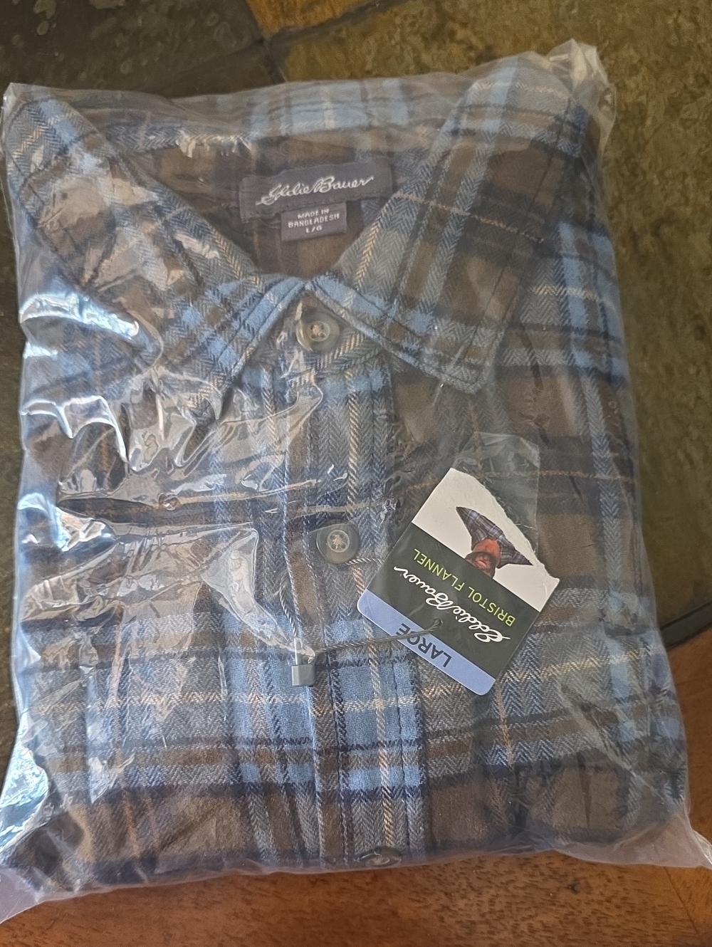 Eddie Bauer Bristol Flannel Mens L Mocha Overland Plaid Cotton Shirt Stretch NWT
